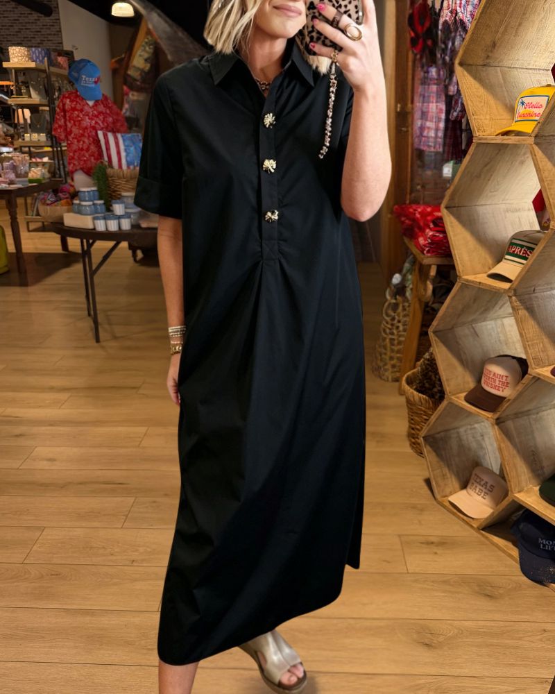 Jeweled Button Relaxed Midi Shirt Dress 5