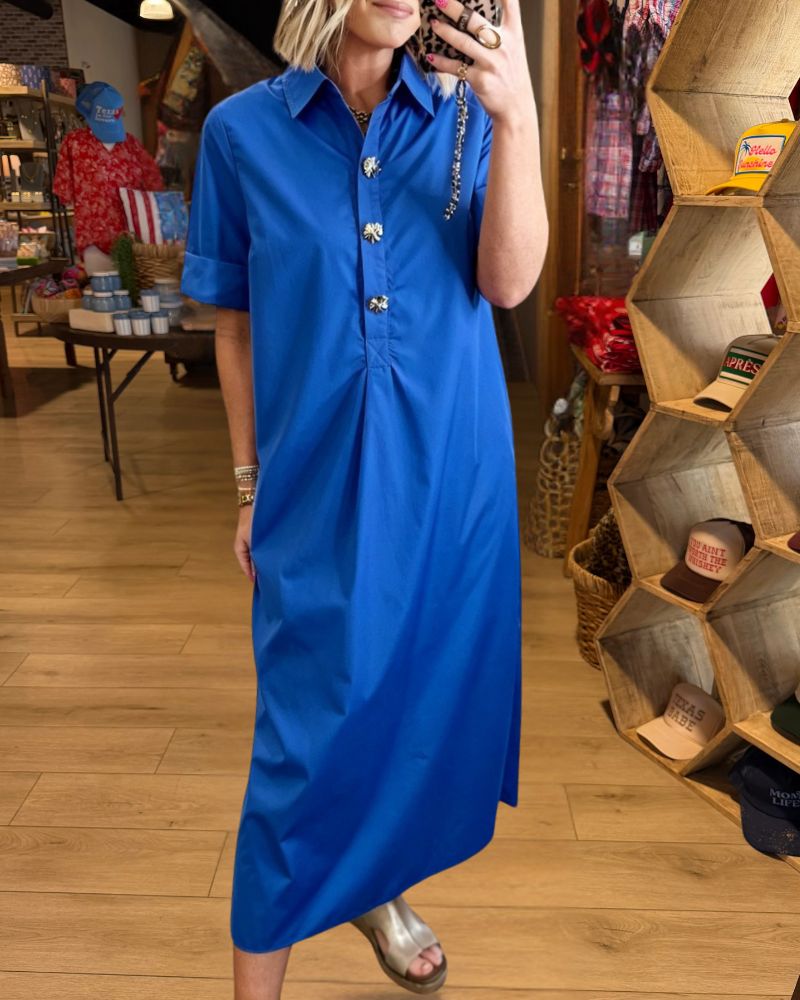 Jeweled Button Relaxed Midi Shirt Dress 3