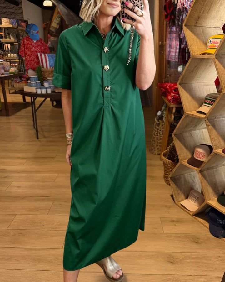 Jeweled Button Relaxed Midi Shirt Dress 7