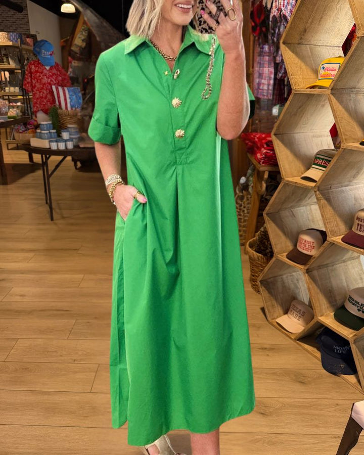 Jeweled Button Relaxed Midi Shirt Dress 1