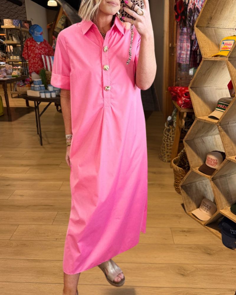 Jeweled Button Relaxed Midi Shirt Dress 2