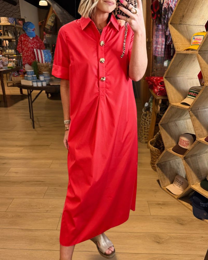 Jeweled Button Relaxed Midi Shirt Dress 4