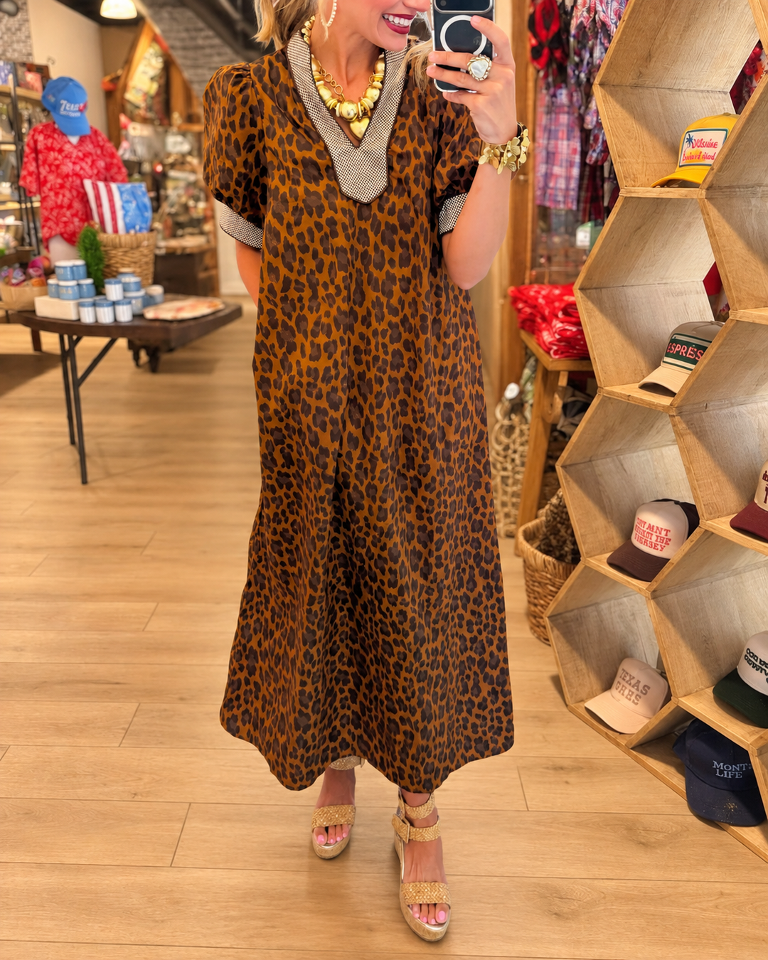 Leopard print contrast trim puff sleeve maxi dress front view
