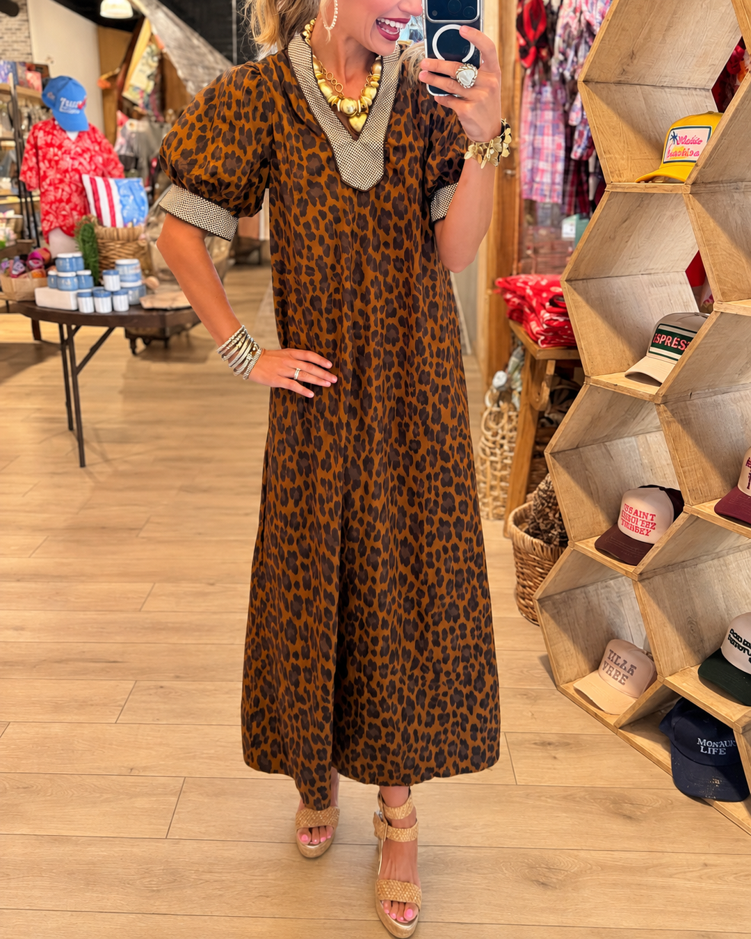 Leopard print contrast trim puff sleeve maxi dress full front view