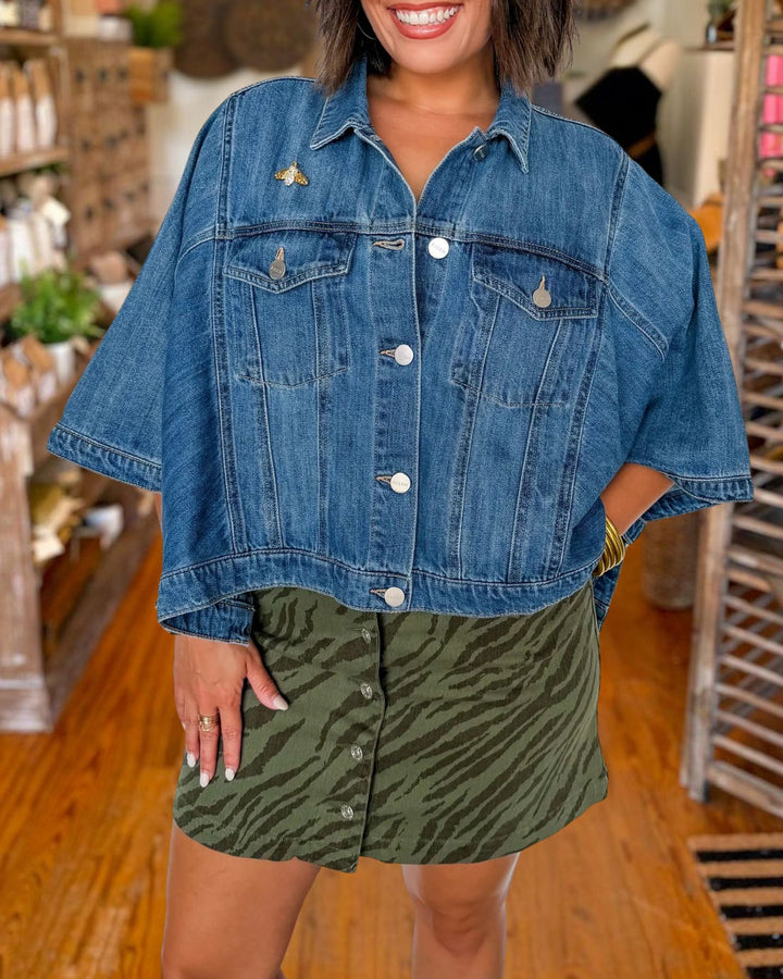 Modern Relaxed Denim Cape Jacket styled front view