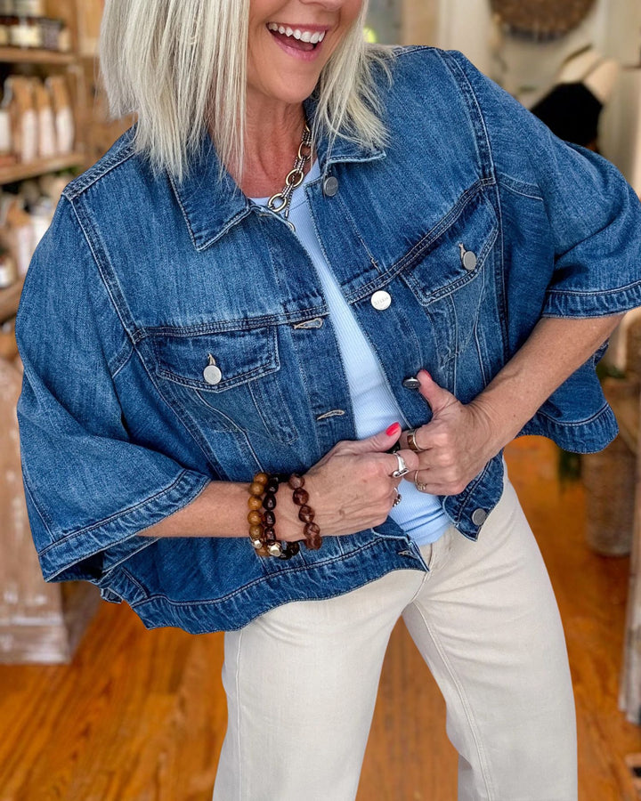 Modern Relaxed Denim Cape Jacket detail view