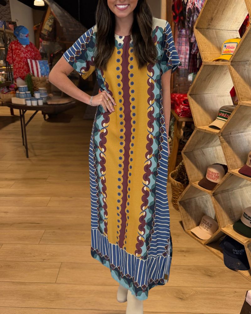 Mustard blue geometric maxi dress front view