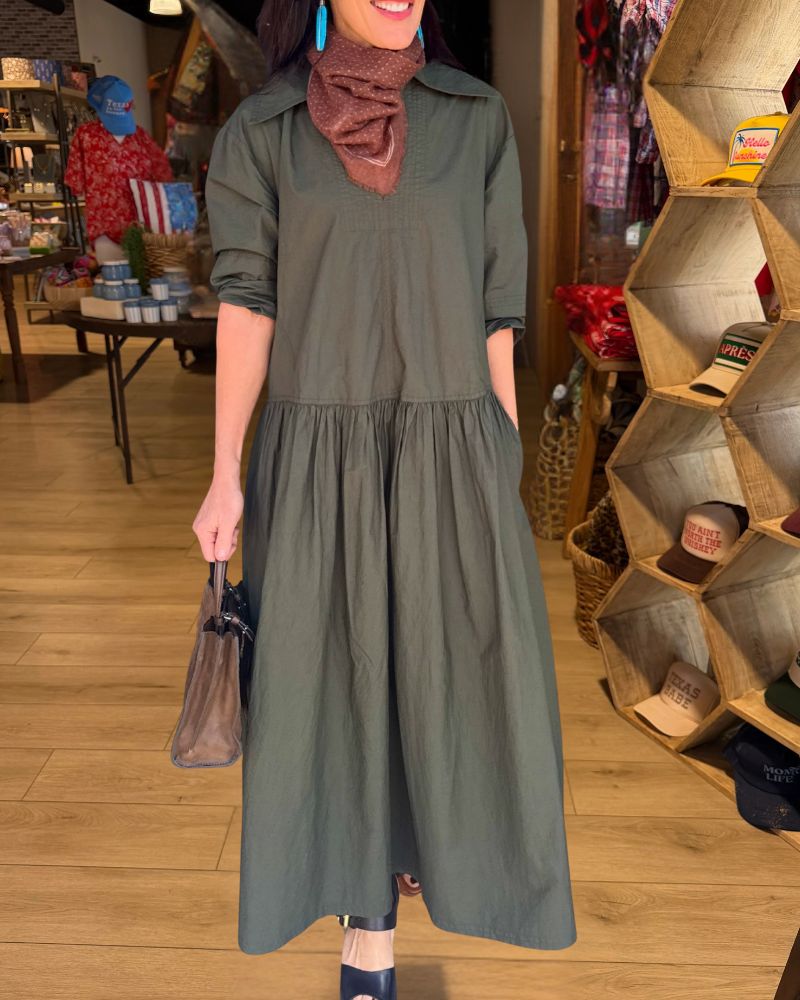 Olive Green Collared Tiered Midi Dress