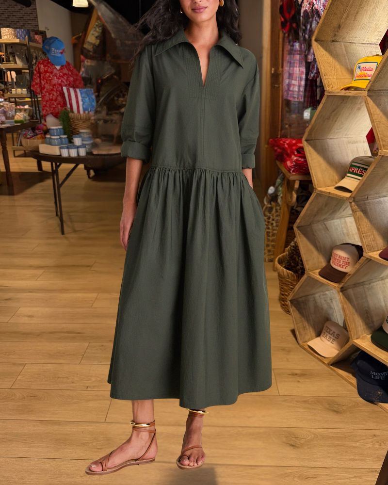 Olive Green Collared Tiered Midi Dress