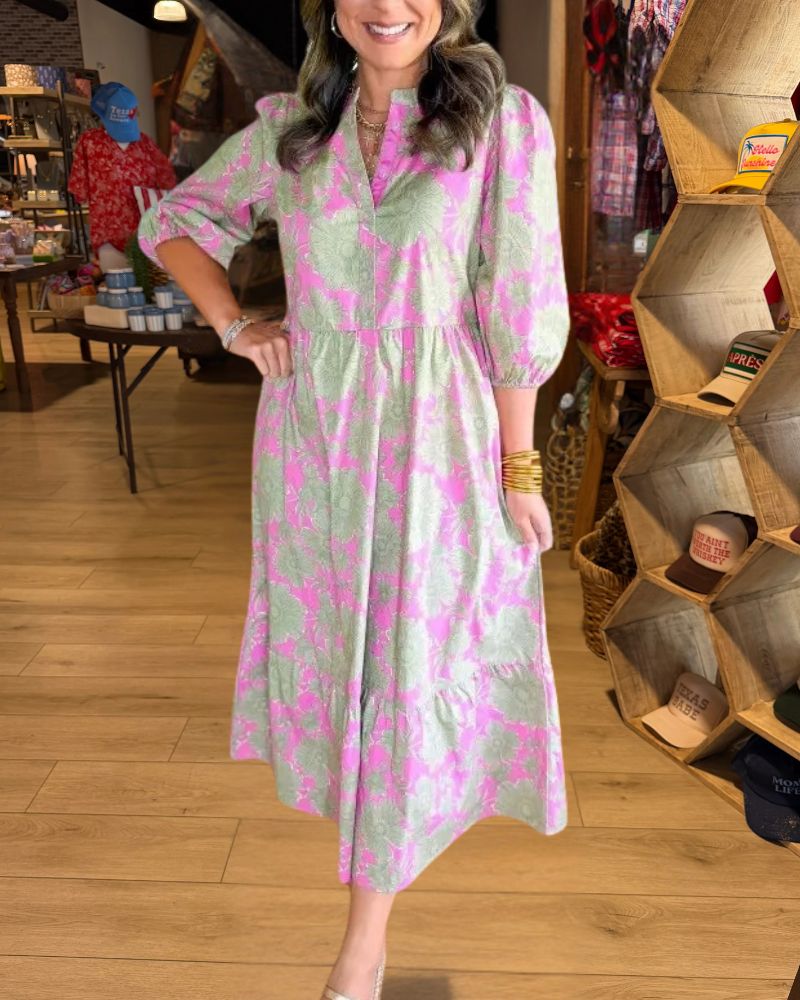 Pink and Green Floral Puff Sleeve Midi Dress 1