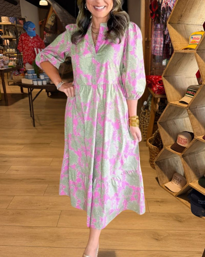 Pink and Green Floral Puff Sleeve Midi Dress 1