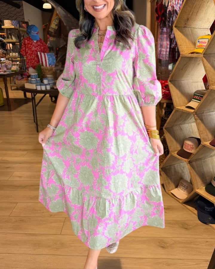 Pink and Green Floral Puff Sleeve Midi Dress 3