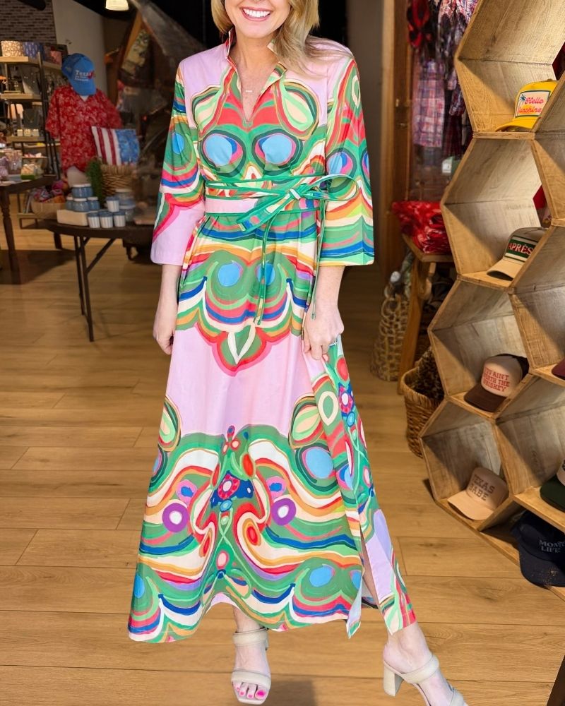 Pink multicolor abstract print belted maxi dress