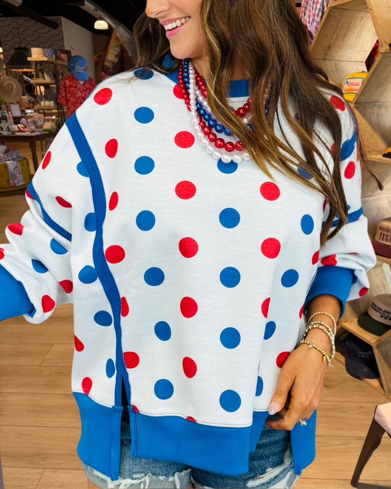 White polka dot relaxed sweatshirt front view