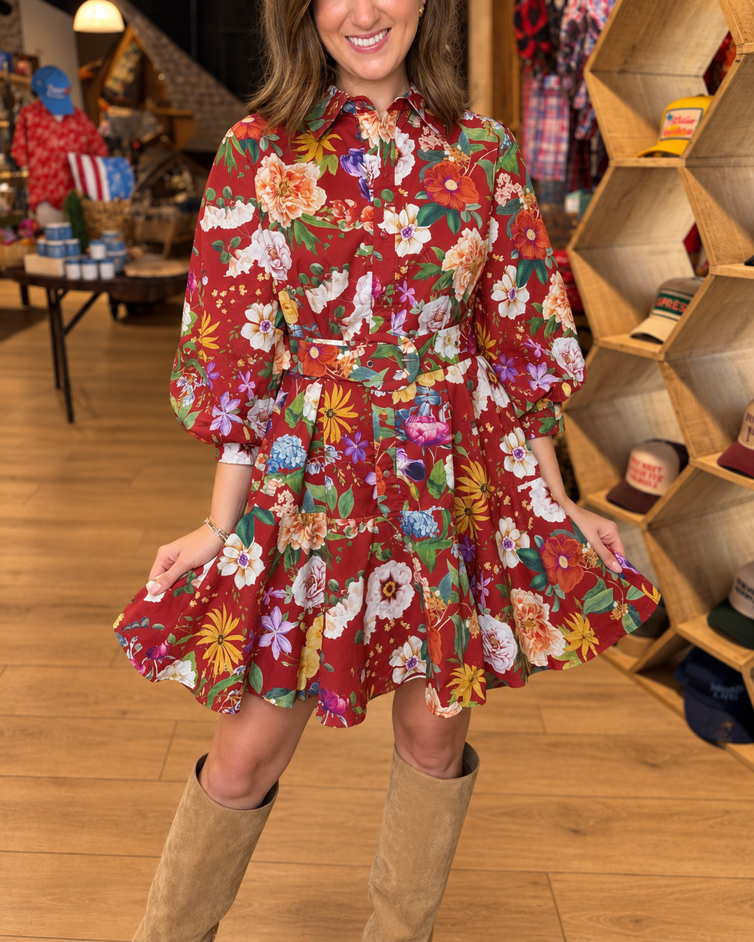 Red floral belted mini dress front view