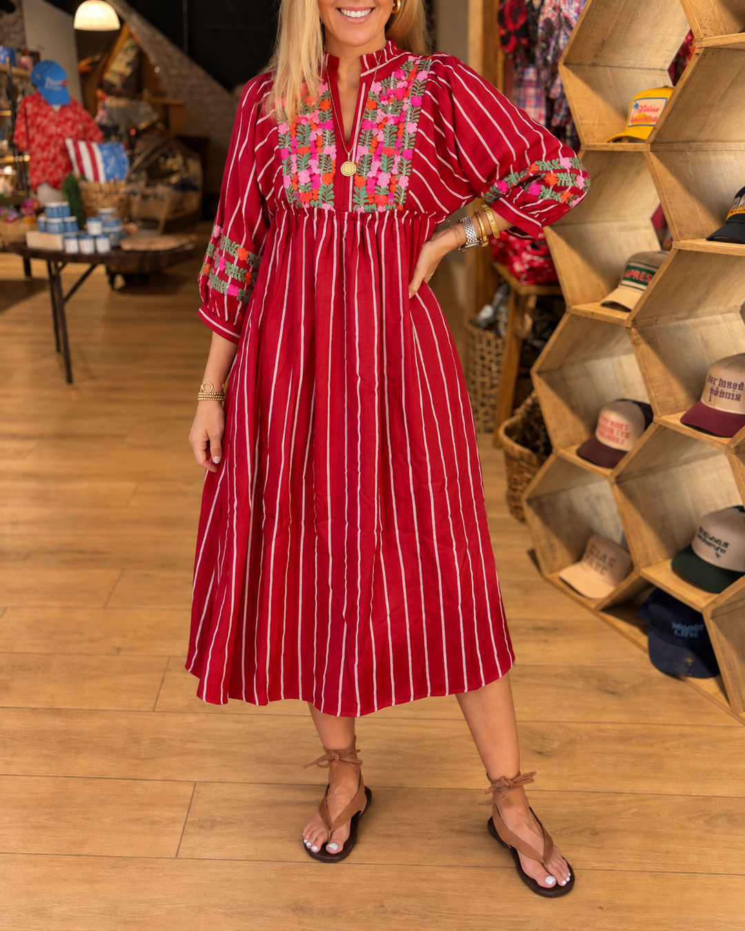 Red striped embroidered midi dress front view