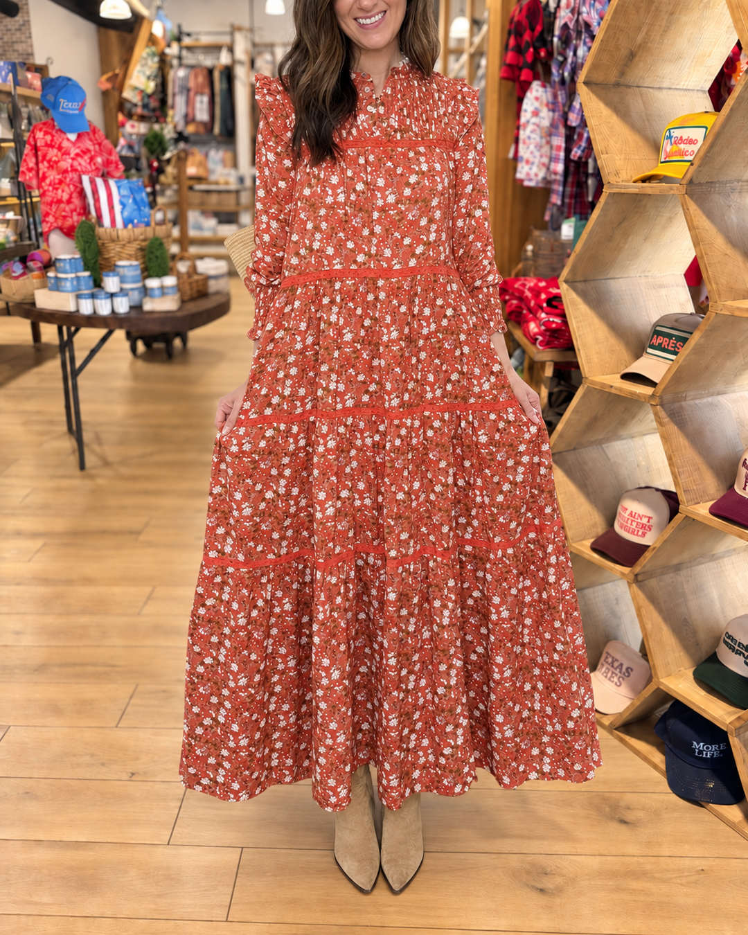 Rust floral tiered maxi dress front view