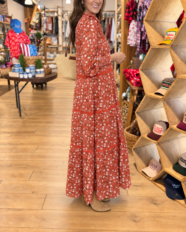 Rust floral tiered maxi dress side view