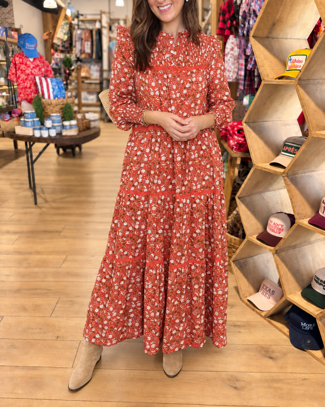 Rust floral tiered maxi dress styled front view