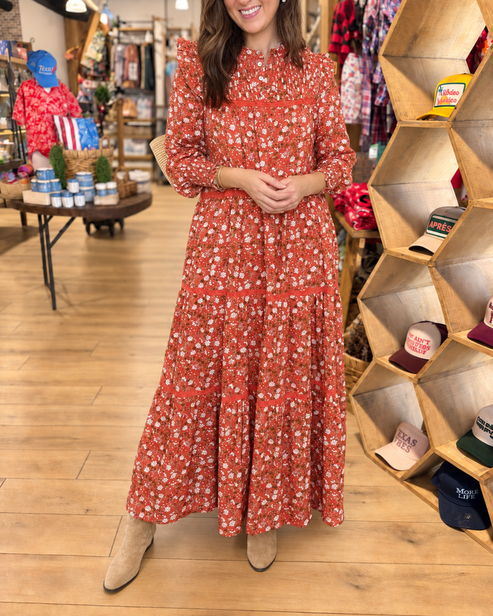 Rust floral tiered maxi dress styled front view