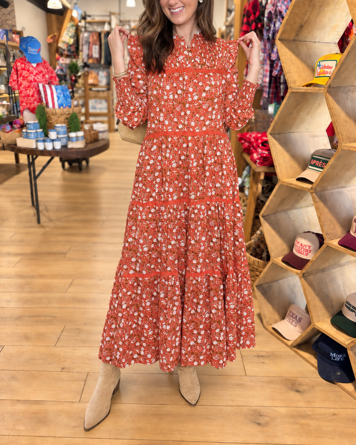 Rust floral tiered maxi dress detail view