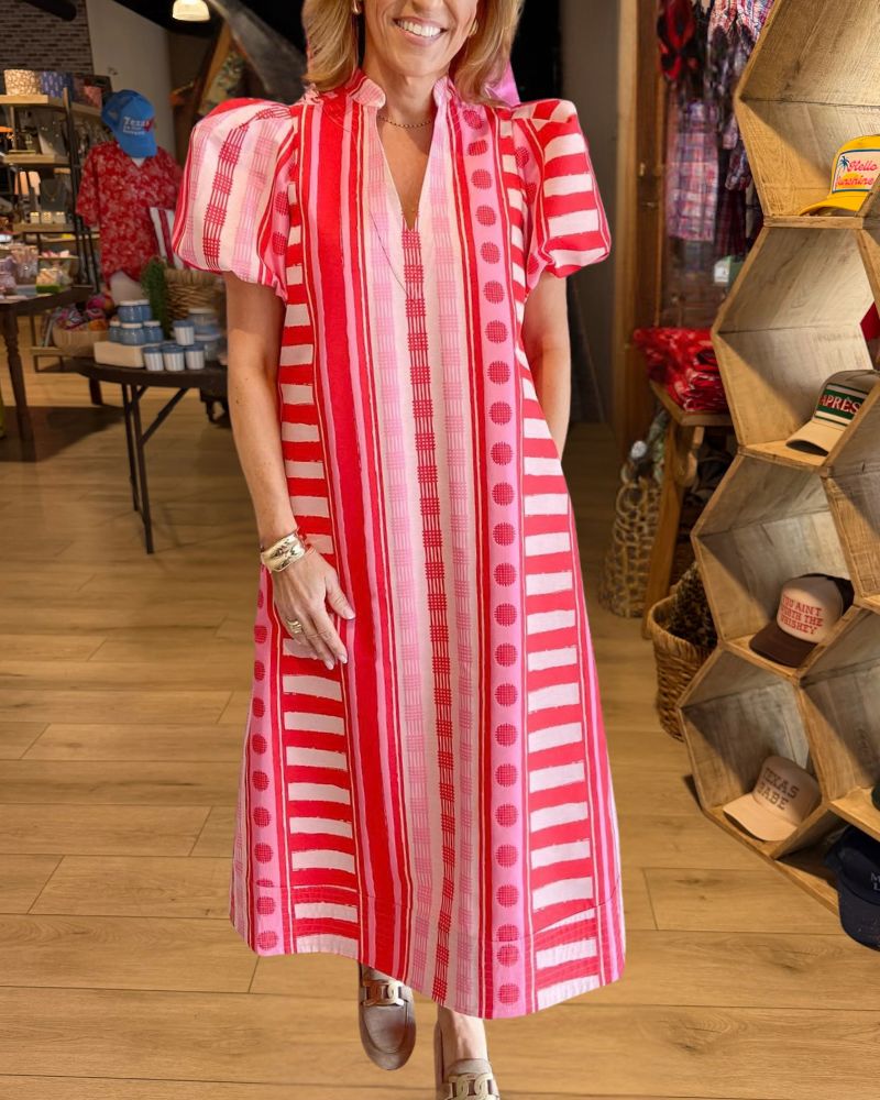 Pink Red Mixed Stripe Puff Sleeve Maxi Dress - view 1