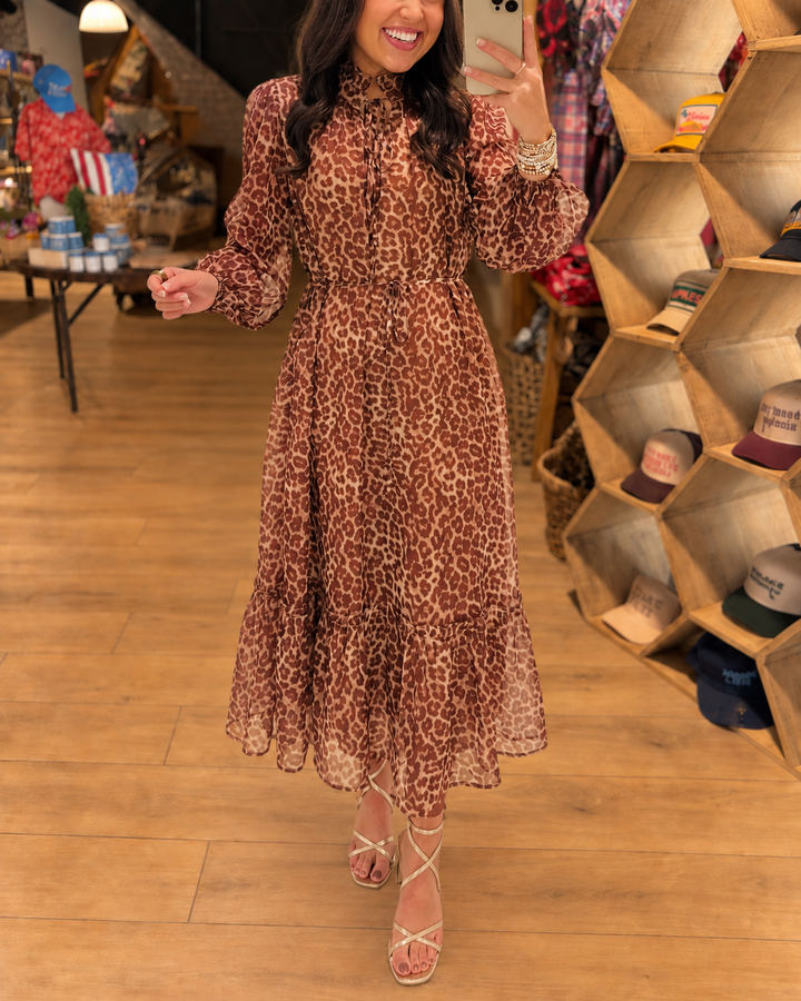 Leopard Print Tie Neck Long Sleeve Ruffle Maxi Dress - view 1