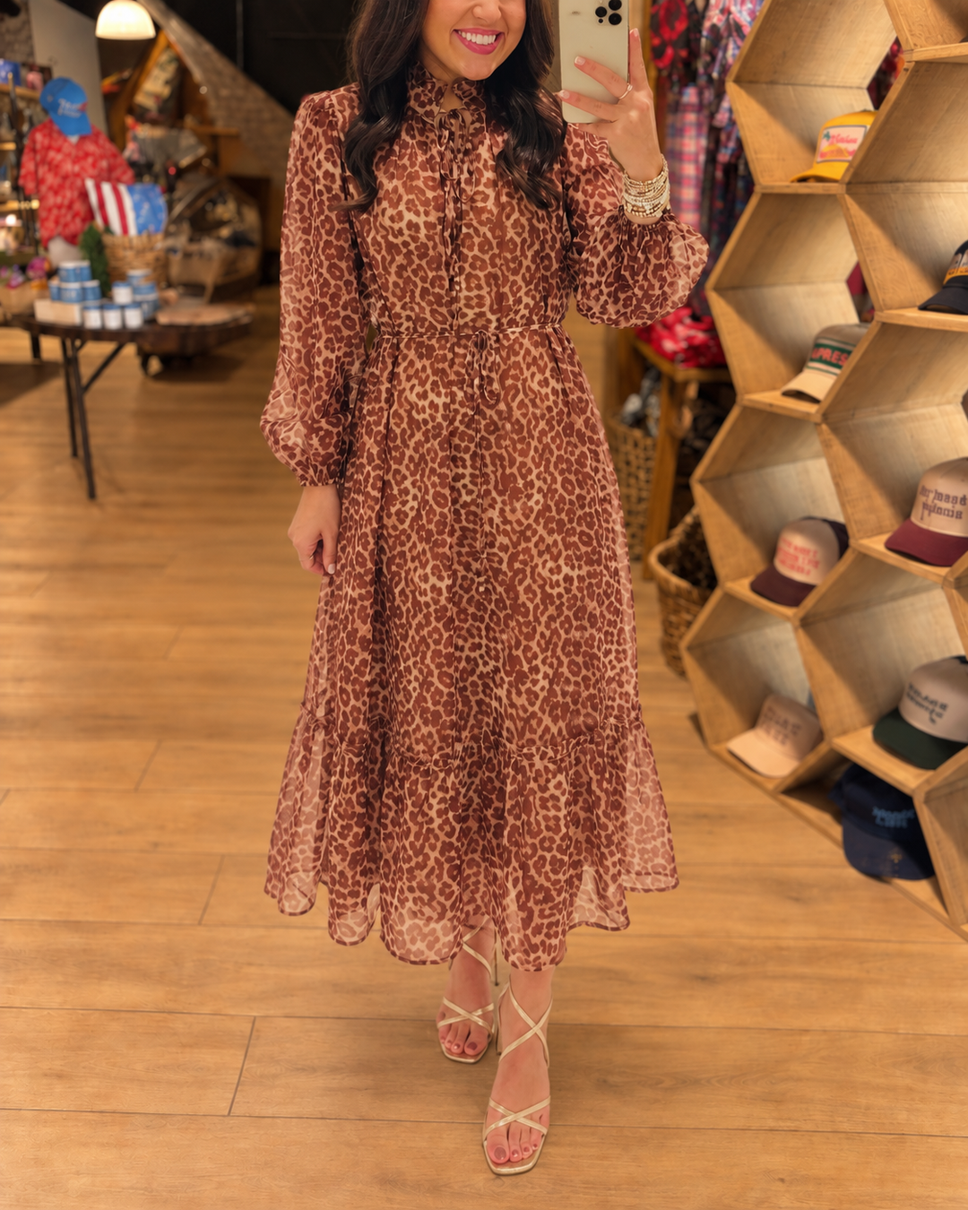 Leopard Print Tie Neck Long Sleeve Ruffle Maxi Dress - view 2