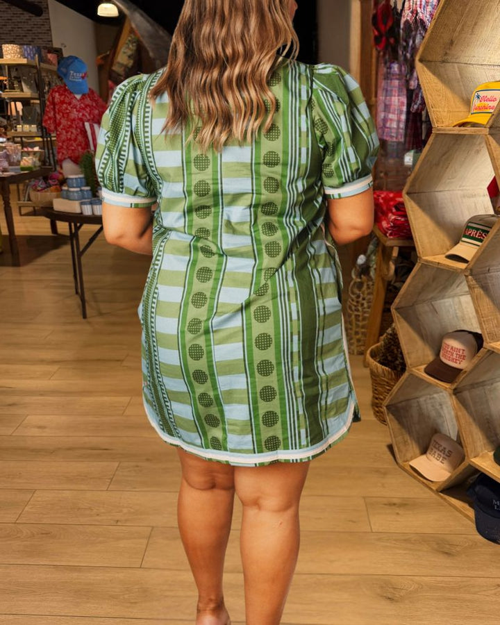 Green Blue Mixed Print Puff Sleeve Mini Dress - view 3