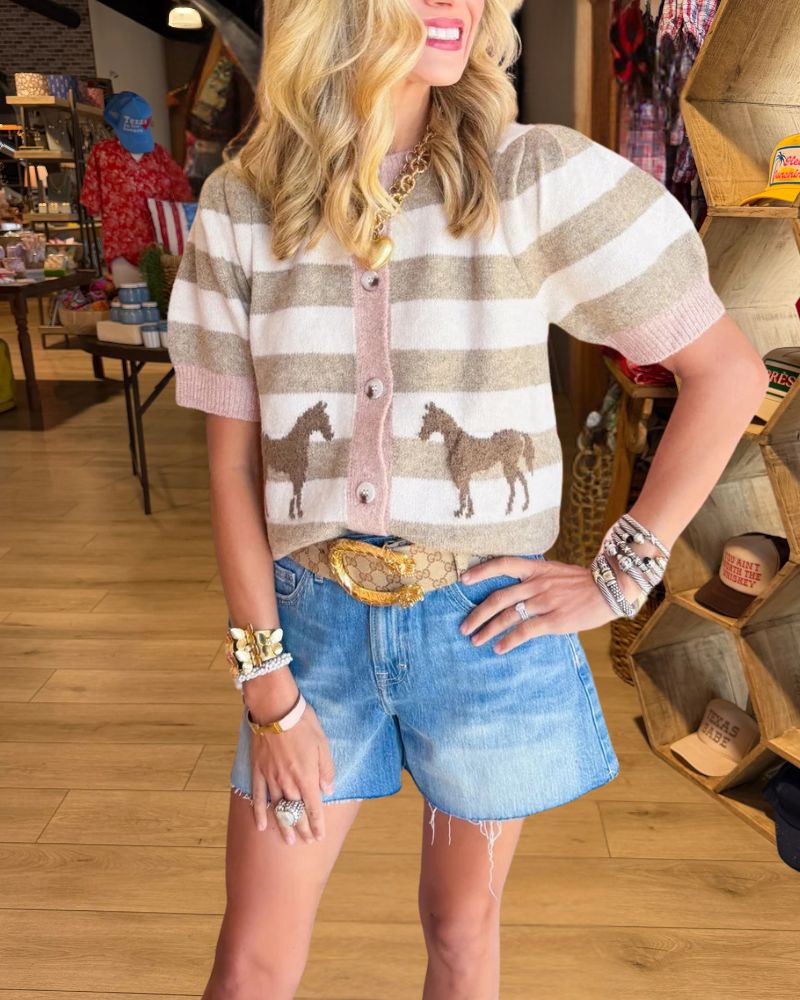 Taupe Ivory Striped Horse Motif Short Sleeve Cardigan - view 2