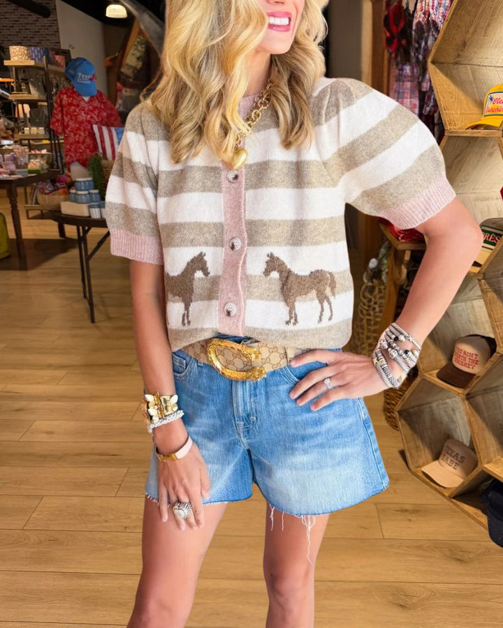 Taupe Ivory Striped Horse Motif Short Sleeve Cardigan - view 2