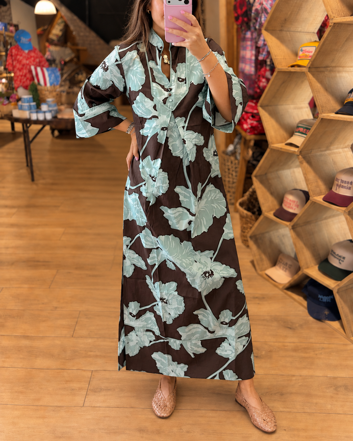 Chic Oversized Floral Split Neck Wide Sleeve Maxi Dress - view 1