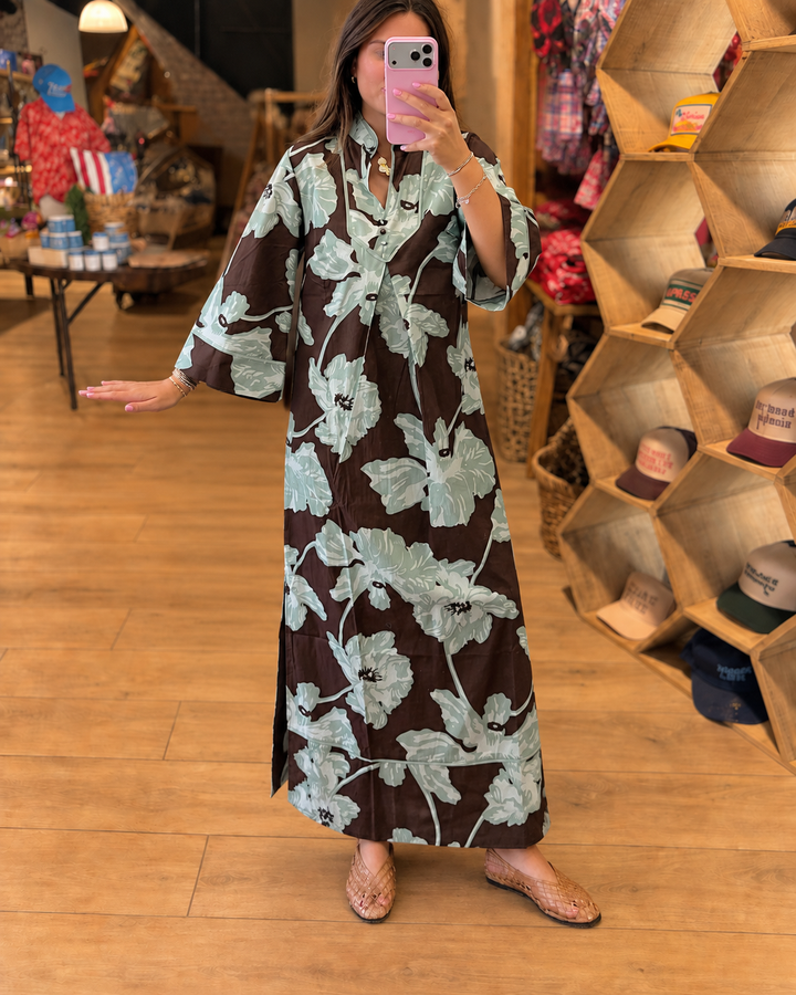 Chic Oversized Floral Split Neck Wide Sleeve Maxi Dress - view 3