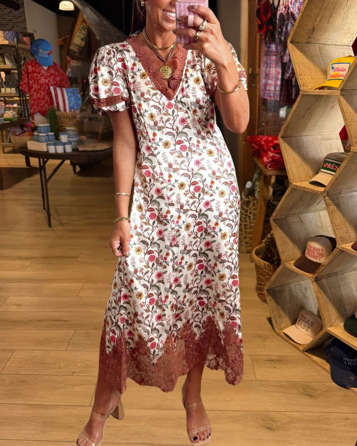 Romantic Floral Lace Trim Puff Sleeve Midi Dress - view 1