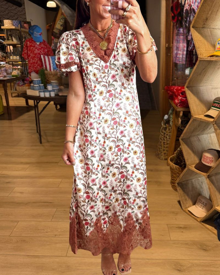 Romantic Floral Lace Trim Puff Sleeve Midi Dress - view 2