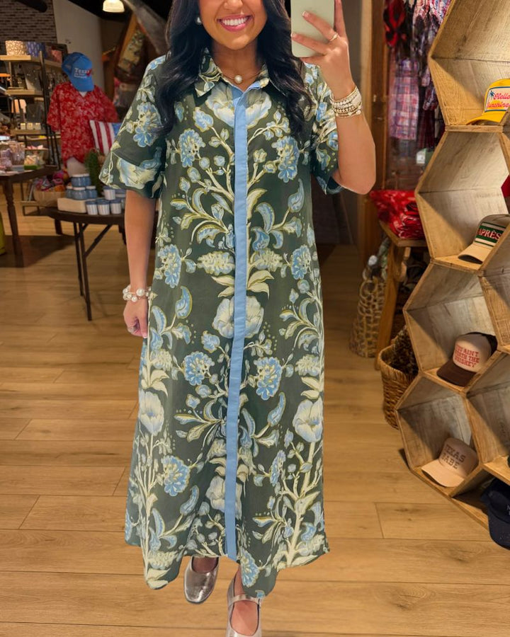 Vintage Botanical Floral Contrast Trim Shirt Maxi Dress - view 1