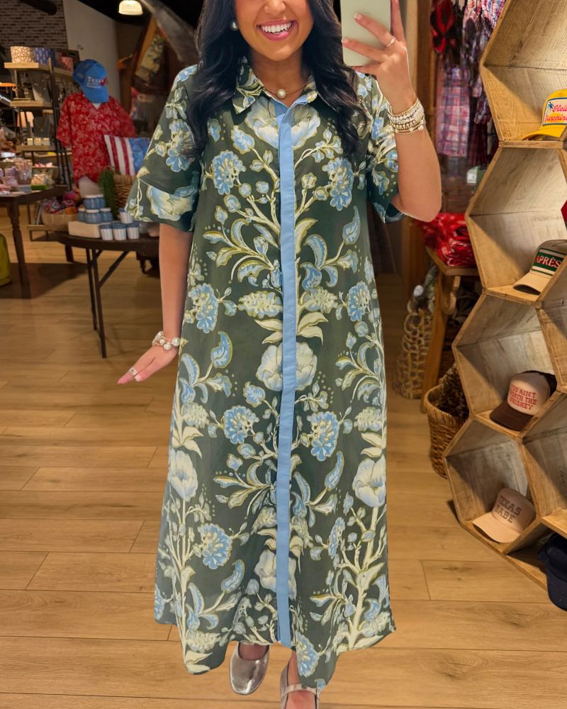 Vintage Botanical Floral Contrast Trim Shirt Maxi Dress - view 2