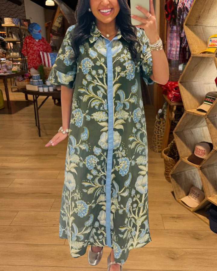 Vintage Botanical Floral Contrast Trim Shirt Maxi Dress - view 2
