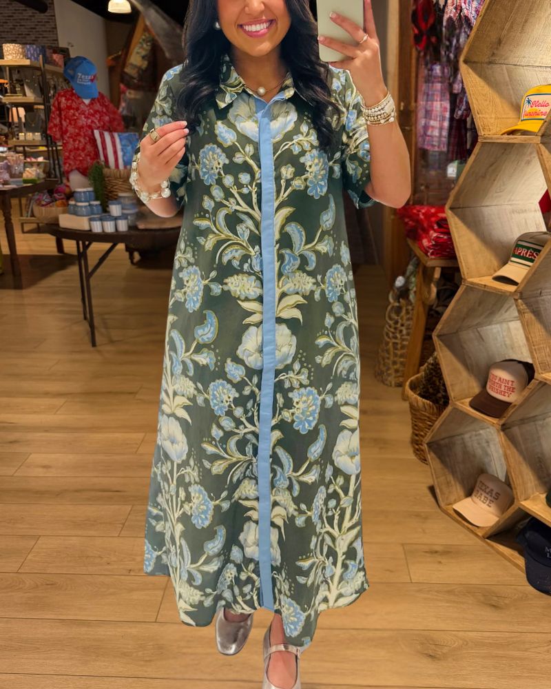 Vintage Botanical Floral Contrast Trim Shirt Maxi Dress - view 3