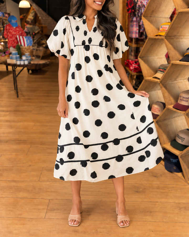 Chic Polka Dot Smocked Puff Sleeve Midi Dress - view 1