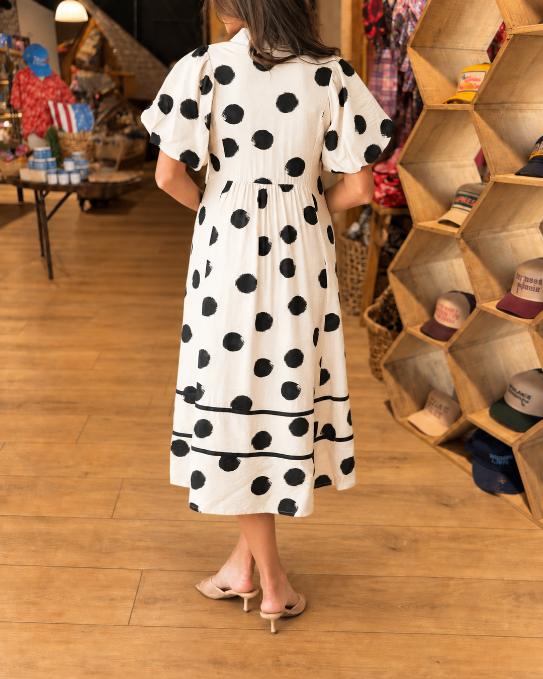 Chic Polka Dot Smocked Puff Sleeve Midi Dress - view 2
