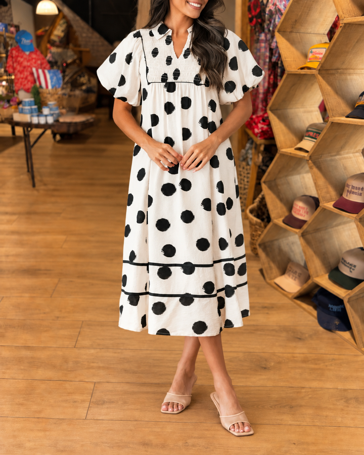 Chic Polka Dot Smocked Puff Sleeve Midi Dress - view 3