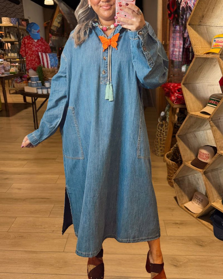 Chic Relaxed Denim Half-Button Midi Dress - view 1