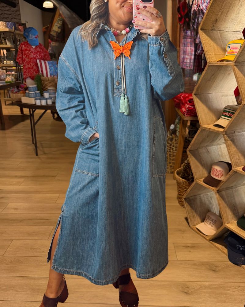 Chic Relaxed Denim Half-Button Midi Dress - view 2