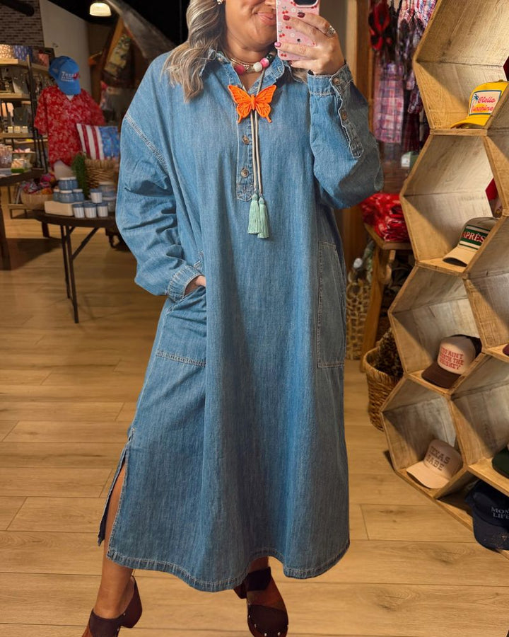 Chic Relaxed Denim Half-Button Midi Dress - view 2