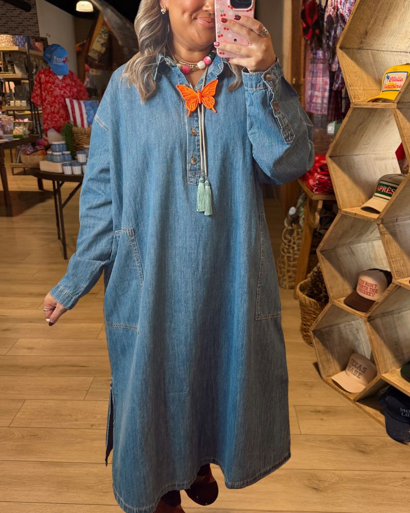 Chic Relaxed Denim Half-Button Midi Dress - view 3