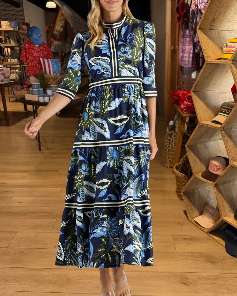 Elegant Botanical Print Contrast Trim Tiered Maxi Dress - view 1