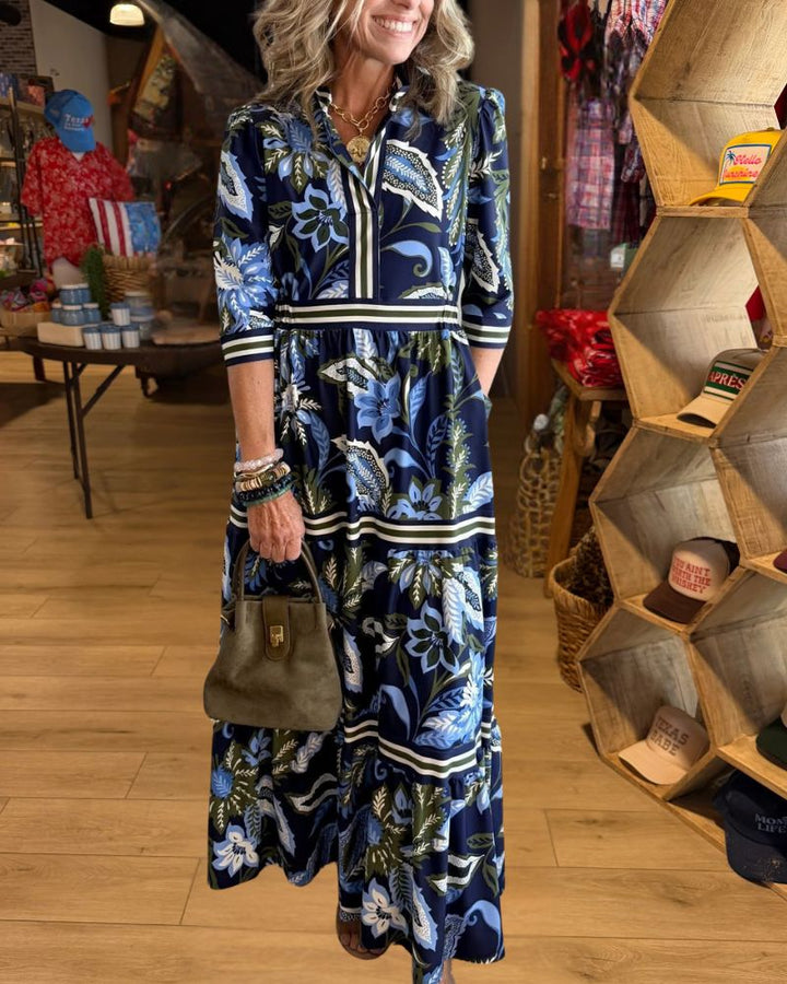 Elegant Botanical Print Contrast Trim Tiered Maxi Dress - view 2
