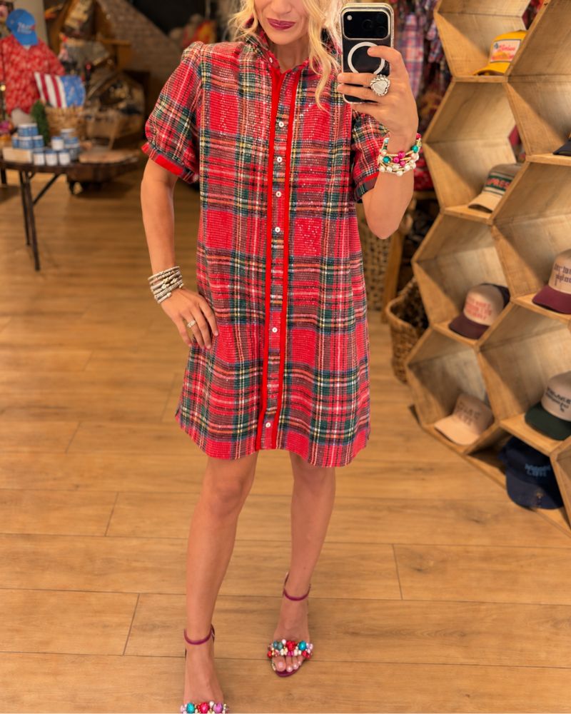 Festive Plaid Button-Front Puff Sleeve Mini Dress - view 3