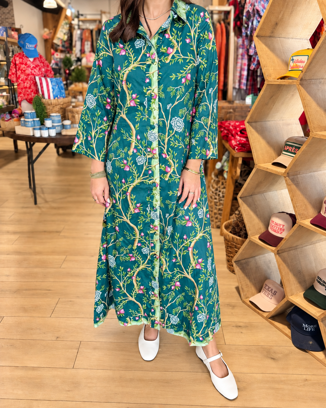 Teal floral shirt maxi dress front view